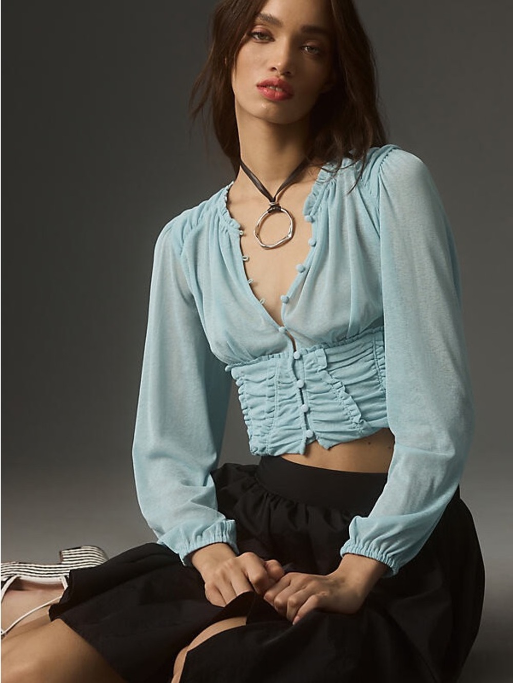 XS Anthropologie Light Blue Ruched Corset-Style Blouse